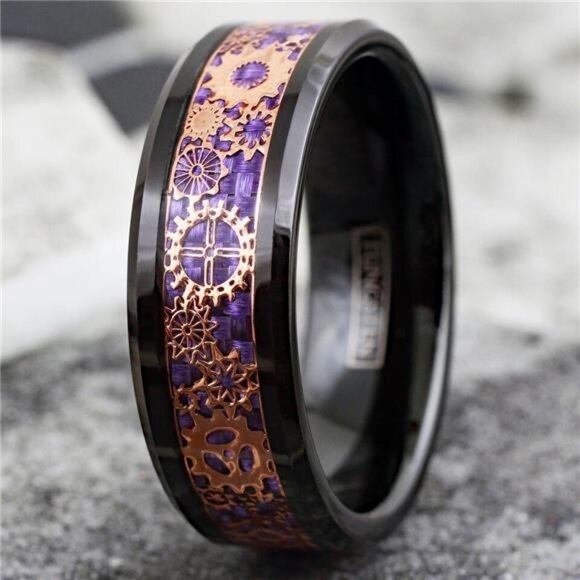 Men's Wedding Band Rings Black Rose Gold Plated Steampunk Clockwork Gears Purple - Picture 8 of 8